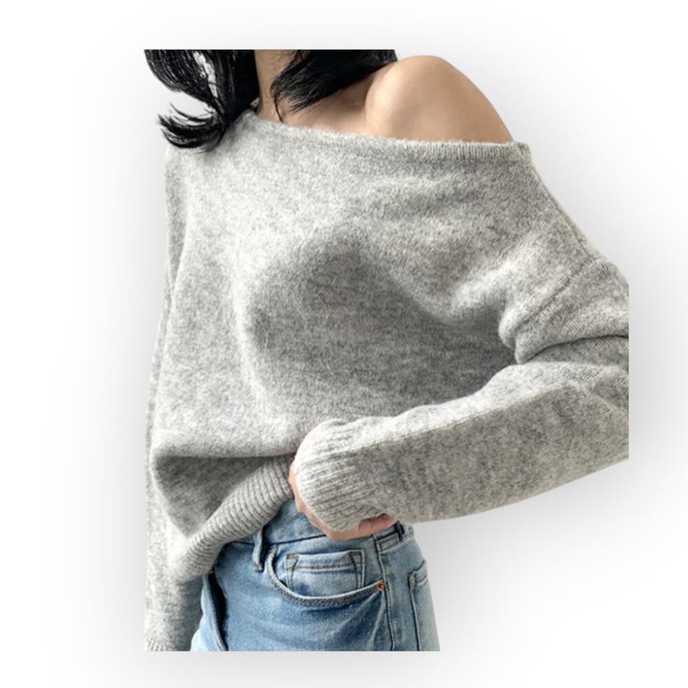 Commense One Shoulder Asymmetric Knit Sweater Heather Grey Minimalist Chic Sz L
